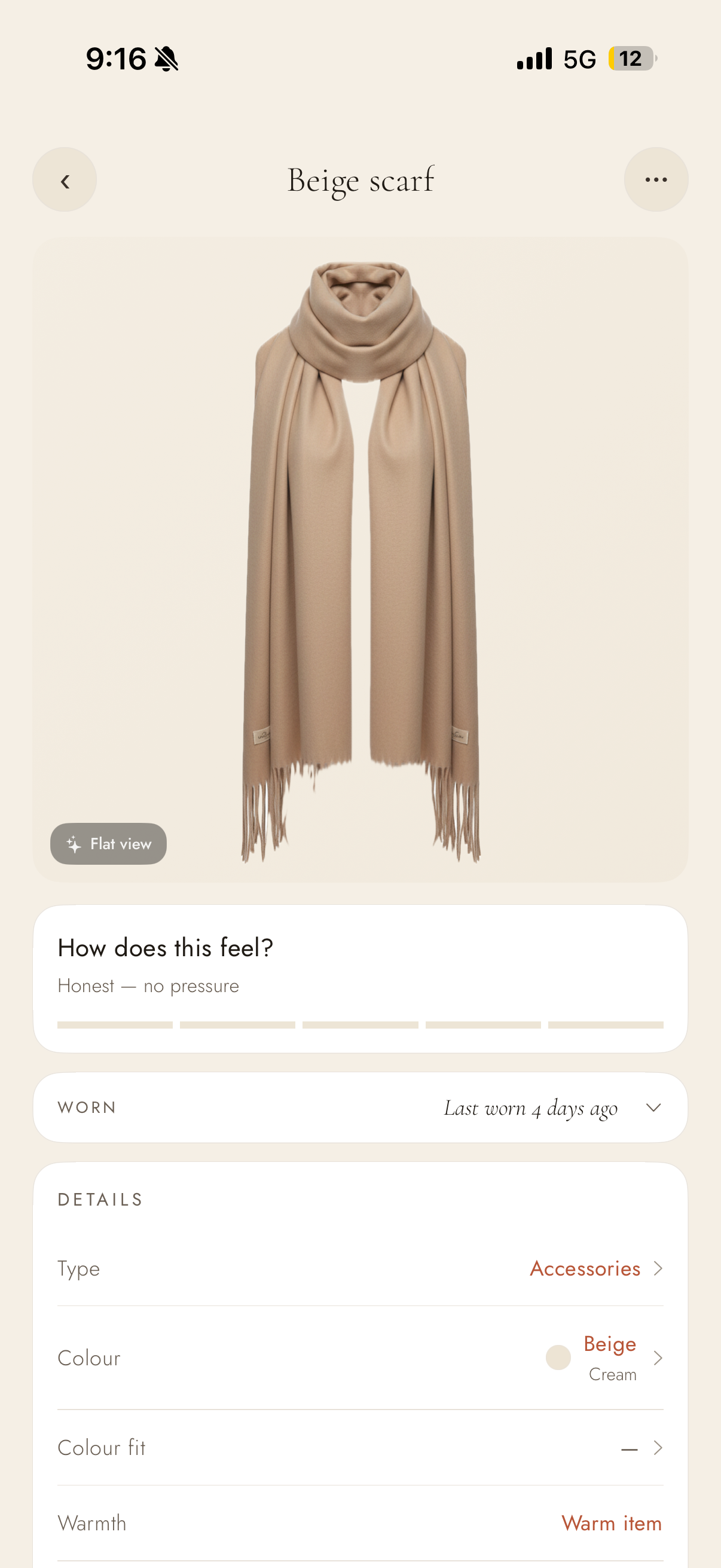 AI cleaned — Beige scarf rendered as clean flat view