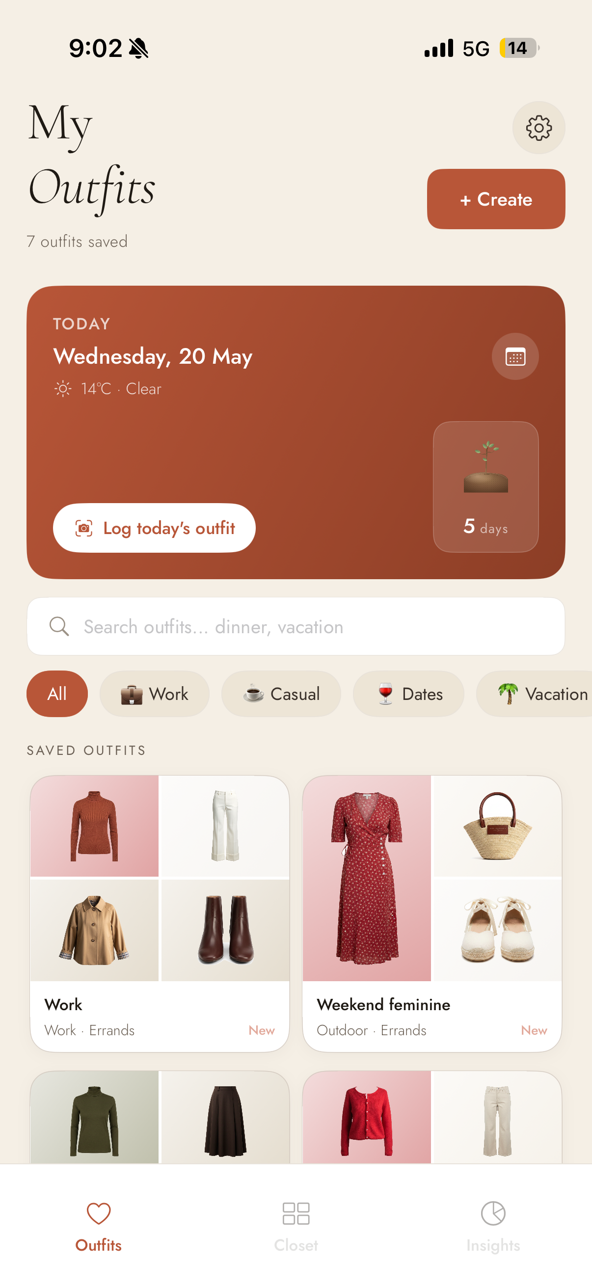 My Outfits — saved outfits with wear calendar